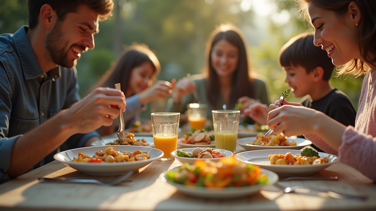 Close-up view of family enjoying a meal together
